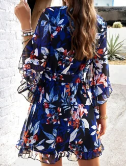 Women's Mini Dress A Line Dress Stylish Vacation Daily Loose Fit Floral Half Sleeve V Neck Dark Blue Summer
