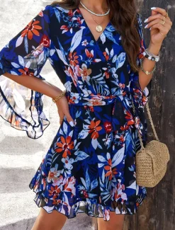 Women's Mini Dress A Line Dress Stylish Vacation Daily Loose Fit Floral Half Sleeve V Neck Dark Blue Summer
