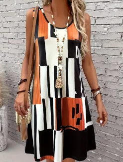 Women's Mini Dress A Line Dress Summer Dress Off The Shoulder Dress Vacation Vintage Stylish Daily Loose Fit Graphic Geometric Sleeveless U Neck Orange Summer Spring