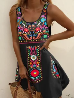 Women's Mini Dress A Line Dress Summer Dress Off The Shoulder Dress Vacation Casual Daily Regular Fit Floral Graphic Tribal Sleeveless U Neck Red Blue Green Summer