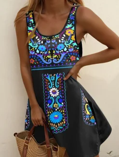 Women's Mini Dress A Line Dress Summer Dress Off The Shoulder Dress Vacation Casual Daily Regular Fit Floral Graphic Tribal Sleeveless U Neck Red Blue Green Summer