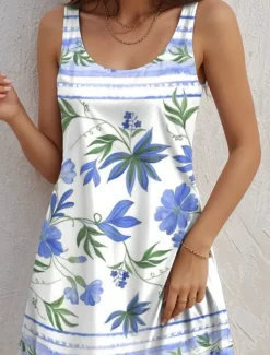 Women's Mini Dress A Line Dress Tank Dress Vintage Stylish Casual Daily Regular Fit Floral Graphic Sleeveless U Neck Sky Blue Summer Spring