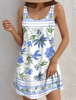 Women's Mini Dress A Line Dress Tank Dress Vintage Stylish Casual Daily Regular Fit Floral Graphic Sleeveless U Neck Sky Blue Summer Spring