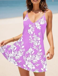 Women's Mini Dress A Line Dress Summer Dress Slip Dress Vacation Casual Daily Regular Fit Floral Graphic Sleeveless V Neck Pink Blue Purple Green Summer