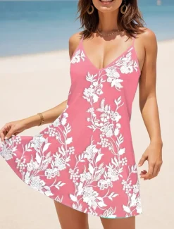 Women's Mini Dress A Line Dress Summer Dress Slip Dress Vacation Casual Daily Regular Fit Floral Graphic Sleeveless V Neck Pink Blue Purple Green Summer