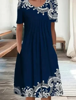 Women's Mini Dress Casual Dress Elegant Vacation Vintage Vacation Daily Loose Fit Floral Short Sleeve Crew Neck Dark Blue Summer