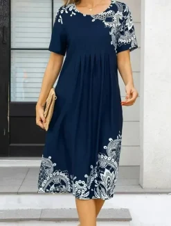 Women's Mini Dress Casual Dress Elegant Vacation Vintage Vacation Daily Loose Fit Floral Short Sleeve Crew Neck Dark Blue Summer