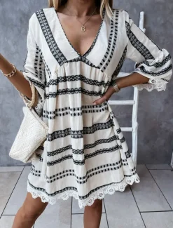 Women's Mini Dress Casual Dress Long Sleeve Boho Dress Summer Dress Bohemia Vacation Holiday Loose Fit Geometric Color Block V Neck Black Apricot Summer