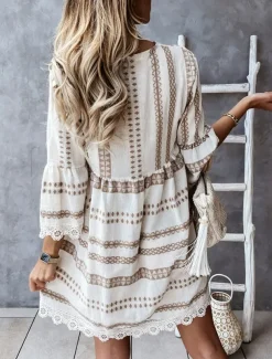 Women's Mini Dress Casual Dress Long Sleeve Boho Dress Summer Dress Bohemia Vacation Holiday Loose Fit Geometric Color Block V Neck Black Apricot Summer