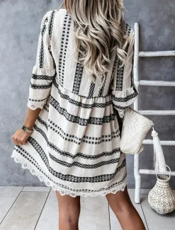 Women's Mini Dress Casual Dress Long Sleeve Boho Dress Summer Dress Bohemia Vacation Holiday Loose Fit Geometric Color Block V Neck Black Apricot Summer