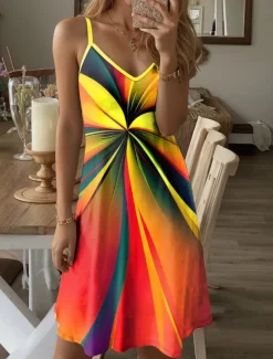 Women's Mini Dress Casual Dress Petite Dress Sundress Summer Dress Vacation Casual Vacation Daily Holiday Regular Fit Ombre Graphic Sleeveless V Neck Yellow Summer