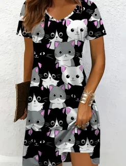 Women's Mini Dress Casual Dress T Shirt Dress Tee Dress A Line Dress Summer Dress Vacation Casual Holiday Regular Fit Graphic Animal Cat Short Sleeve Crew Neck V Neck Black And White Yellow Pink Blue