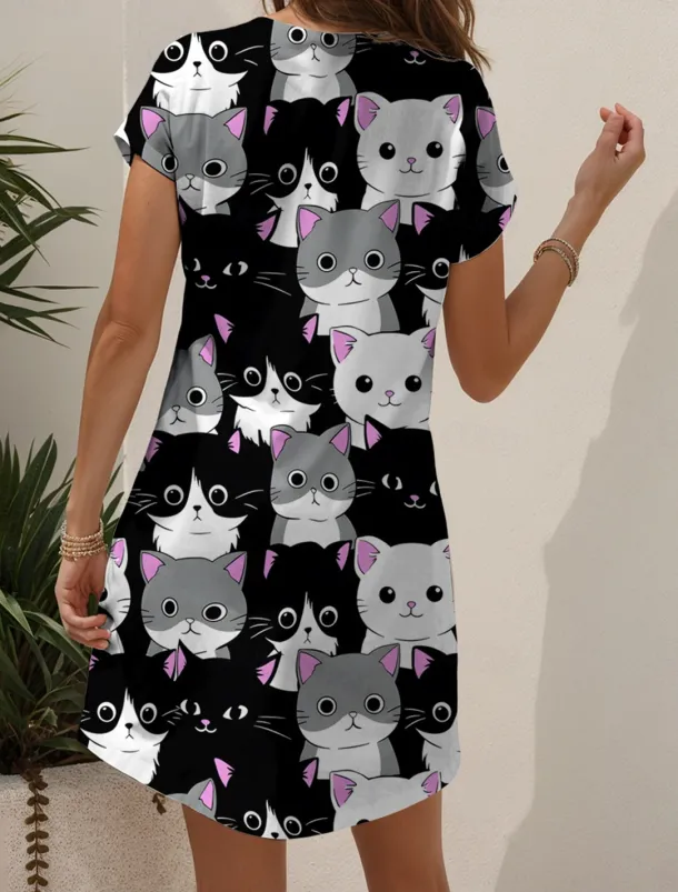 Women's Mini Dress Casual Dress T Shirt Dress Tee Dress A Line Dress Summer Dress Vacation Casual Holiday Regular Fit Graphic Animal Cat Short Sleeve Crew Neck V Neck Black And White Yellow Pink Blue