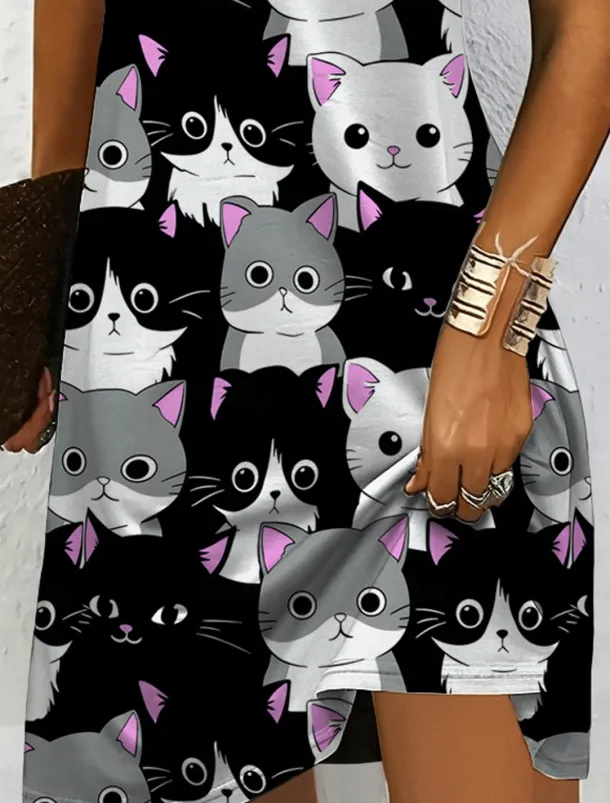 Women's Mini Dress Casual Dress T Shirt Dress Tee Dress A Line Dress Summer Dress Vacation Casual Holiday Regular Fit Graphic Animal Cat Short Sleeve Crew Neck V Neck Black And White Yellow Pink Blue