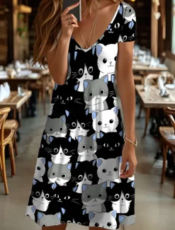 Women's Mini Dress Casual Dress T Shirt Dress Tee Dress A Line Dress Summer Dress Vacation Casual Holiday Regular Fit Graphic Animal Cat Short Sleeve Crew Neck V Neck Black And White Yellow Pink Blue