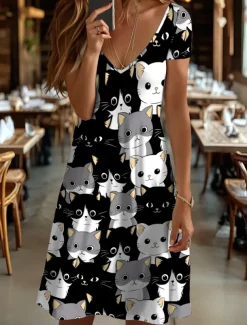 Women's Mini Dress Casual Dress T Shirt Dress Tee Dress A Line Dress Summer Dress Vacation Casual Holiday Regular Fit Graphic Animal Cat Short Sleeve Crew Neck V Neck Black And White Yellow Pink Blue
