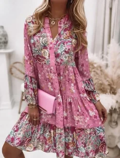 Women's Mini Dress Casual Dress Boho Dress Spring Dress Vacation Streetwear Vacation Street Holiday Regular Fit Floral Long Sleeve Split Neck Pink Blue Green Summer Spring