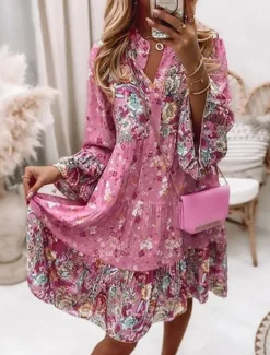 Women's Mini Dress Casual Dress Boho Dress Spring Dress Vacation Streetwear Vacation Street Holiday Regular Fit Floral Long Sleeve Split Neck Pink Blue Green Summer Spring