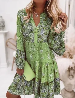 Women's Mini Dress Casual Dress Boho Dress Spring Dress Vacation Streetwear Vacation Street Holiday Regular Fit Floral Long Sleeve Split Neck Pink Blue Green Summer Spring