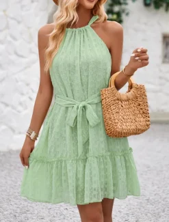 Women's Mini Dress Casual Dress A Line Dress Stylish Basic Casual Vacation Daily Regular Fit Plain Sleeveless Halter Neck Green Apricot Summer