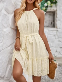Women's Mini Dress Casual Dress A Line Dress Stylish Basic Casual Vacation Daily Regular Fit Plain Sleeveless Halter Neck Green Apricot Summer