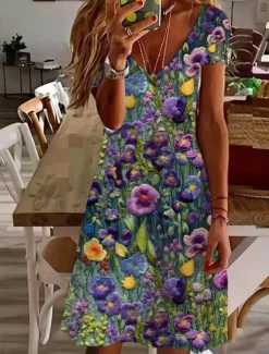 Women's Mini Dress Casual Dress Elegant Tropical Hawaiian Daily Regular Fit Floral Short Sleeve Crew Neck Teal Summer