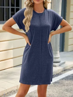 Women's Mini Dress Casual Dress A Line Dress Basic Casual Vacation Casual Daily Regular Fit Plain Short Sleeve Crew Neck Wine Green Dark Blue Gray Summer Spring