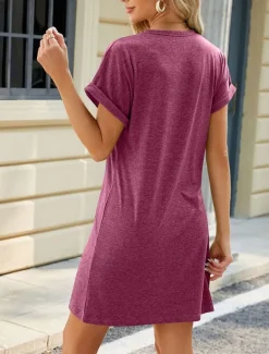 Women's Mini Dress Casual Dress A Line Dress Basic Casual Vacation Casual Daily Regular Fit Plain Short Sleeve Crew Neck Wine Green Dark Blue Gray Summer Spring
