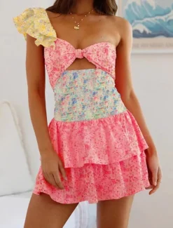 Women's Mini Dress Casual Dress Floral Dress Fashion Outdoor Party Holiday Regular Fit Flower Sleeveless Cold Shoulder Pink Purple Summer