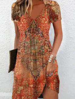 Women's Mini Dress Casual Dress Summer Dress Print Dress Active Fashion Streetwear Outdoor Vacation Daily Regular Fit Floral Short Sleeve V Neck Black White Red Burgundy Summer Spring