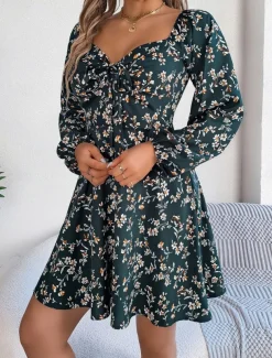 Women's Mini Dress Casual Dress A Line Dress Stylish Casual Vacation Daily Regular Fit Floral Long Sleeve Square Neck Dark Green Spring Fall