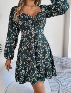 Women's Mini Dress Casual Dress A Line Dress Stylish Casual Vacation Daily Regular Fit Floral Long Sleeve Square Neck Dark Green Spring Fall