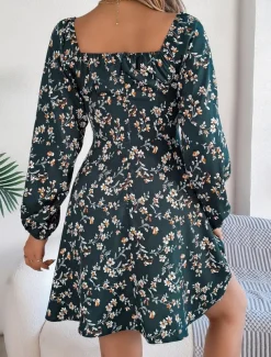 Women's Mini Dress Casual Dress A Line Dress Stylish Casual Vacation Daily Regular Fit Floral Long Sleeve Square Neck Dark Green Spring Fall