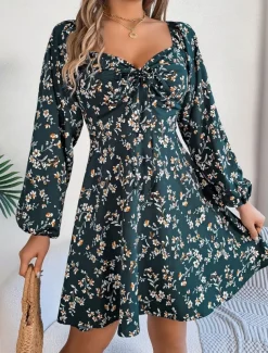 Women's Mini Dress Casual Dress A Line Dress Stylish Casual Vacation Daily Regular Fit Floral Long Sleeve Square Neck Dark Green Spring Fall
