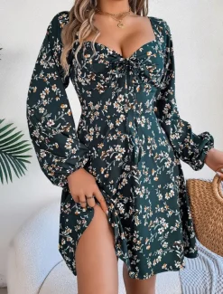 Women's Mini Dress Casual Dress A Line Dress Stylish Casual Vacation Daily Regular Fit Floral Long Sleeve Square Neck Dark Green Spring Fall