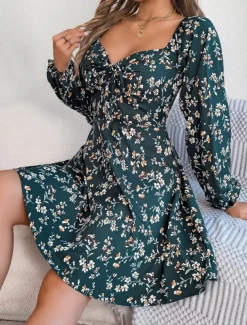 Women's Mini Dress Casual Dress A Line Dress Stylish Casual Vacation Daily Regular Fit Floral Long Sleeve Square Neck Dark Green Spring Fall