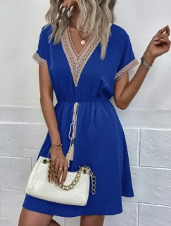 Women's Mini Dress Casual Dress A Line Dress Stylish Basic Casual Vacation Daily Regular Fit Plain Short Sleeve V Neck Wine Blue Summer Spring