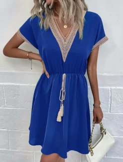 Women's Mini Dress Casual Dress A Line Dress Stylish Basic Casual Vacation Daily Regular Fit Plain Short Sleeve V Neck Wine Blue Summer Spring