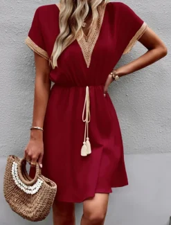 Women's Mini Dress Casual Dress A Line Dress Stylish Basic Casual Vacation Daily Regular Fit Plain Short Sleeve V Neck Wine Blue Summer Spring