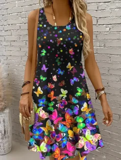 Women's Mini Dress Casual Dress Sundress A Line Dress Off The Shoulder Dress Vacation Casual Holiday Beach Regular Fit Ombre Graphic Butterfly Sleeveless Crew Neck Scoop Neck Colourful Yellow Red Blue