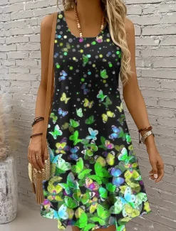 Women's Mini Dress Casual Dress Sundress A Line Dress Off The Shoulder Dress Vacation Casual Holiday Beach Regular Fit Ombre Graphic Butterfly Sleeveless Crew Neck Scoop Neck Colourful Yellow Red Blue