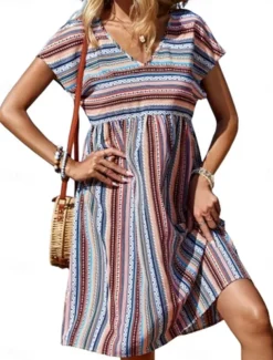Women's Mini Dress Casual Dress A Line Dress Stylish Casual Vacation Daily Regular Fit Stripe Short Sleeve V Neck Blue Summer