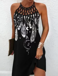 Women's Mini Dress Casual Dress Summer Dress Slip Dress Hawaiian Casual Vacation Daily Beach Regular Fit Floral Feather Sleeveless Strap Black Summer