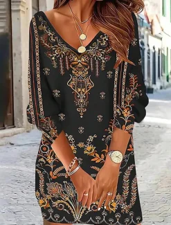 Women's Mini Dress Casual Dress Winter Dress Semi Formal Dress Mini Dress Petite Dress Casual Daily Cocktail Party Regular Fit Floral V Neck Black Fall Winter