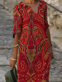 Women's Mini Dress Casual Dress Ethnic Dress Mini Dress Petite Dress T Shirt Dress Tee Dress Casual Winter Dress Vacation Work Loose Fit Floral Geometric Paisley Long Sleeve V Neck Black Red Royal
