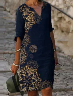 Women's Mini Dress Casual Dress Ethnic Dress Mini Dress Petite Dress T Shirt Dress Tee Dress Casual Winter Dress Vacation Work Loose Fit Floral Geometric Paisley Long Sleeve V Neck Black Red Royal