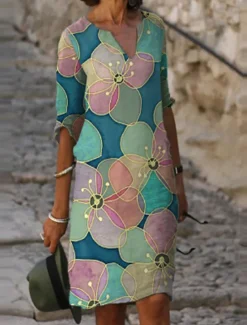 Women's Mini Dress Casual Dress Ethnic Dress Mini Dress Petite Dress T Shirt Dress Tee Dress Casual Winter Dress Vacation Work Loose Fit Floral Geometric Paisley Long Sleeve V Neck Black Red Royal