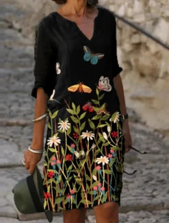 Women's Mini Dress Casual Dress Ethnic Dress Mini Dress Petite Dress T Shirt Dress Tee Dress Casual Winter Dress Vacation Work Loose Fit Floral Geometric Paisley Long Sleeve V Neck Black Red Royal