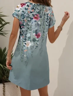 Women's Mini Dress Casual Dress T Shirt Dress Tee Dress Sundress A Line Dress Vacation Casual Boho Beach Regular Fit Ombre Floral Graphic Short Sleeve V Neck Black And White Yellow Red Blue Summer