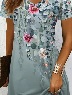 Women's Mini Dress Casual Dress T Shirt Dress Tee Dress Sundress A Line Dress Vacation Casual Boho Beach Regular Fit Ombre Floral Graphic Short Sleeve V Neck Black And White Yellow Red Blue Summer